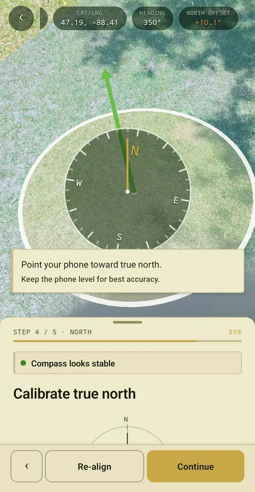 Calibrating true north with the on-screen compass guide
