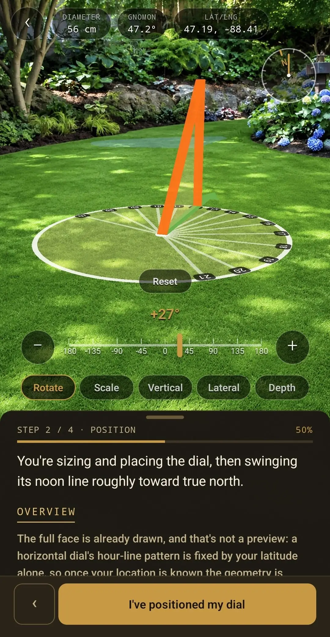 Positioning the dial face with its hour lines and gnomon in AR