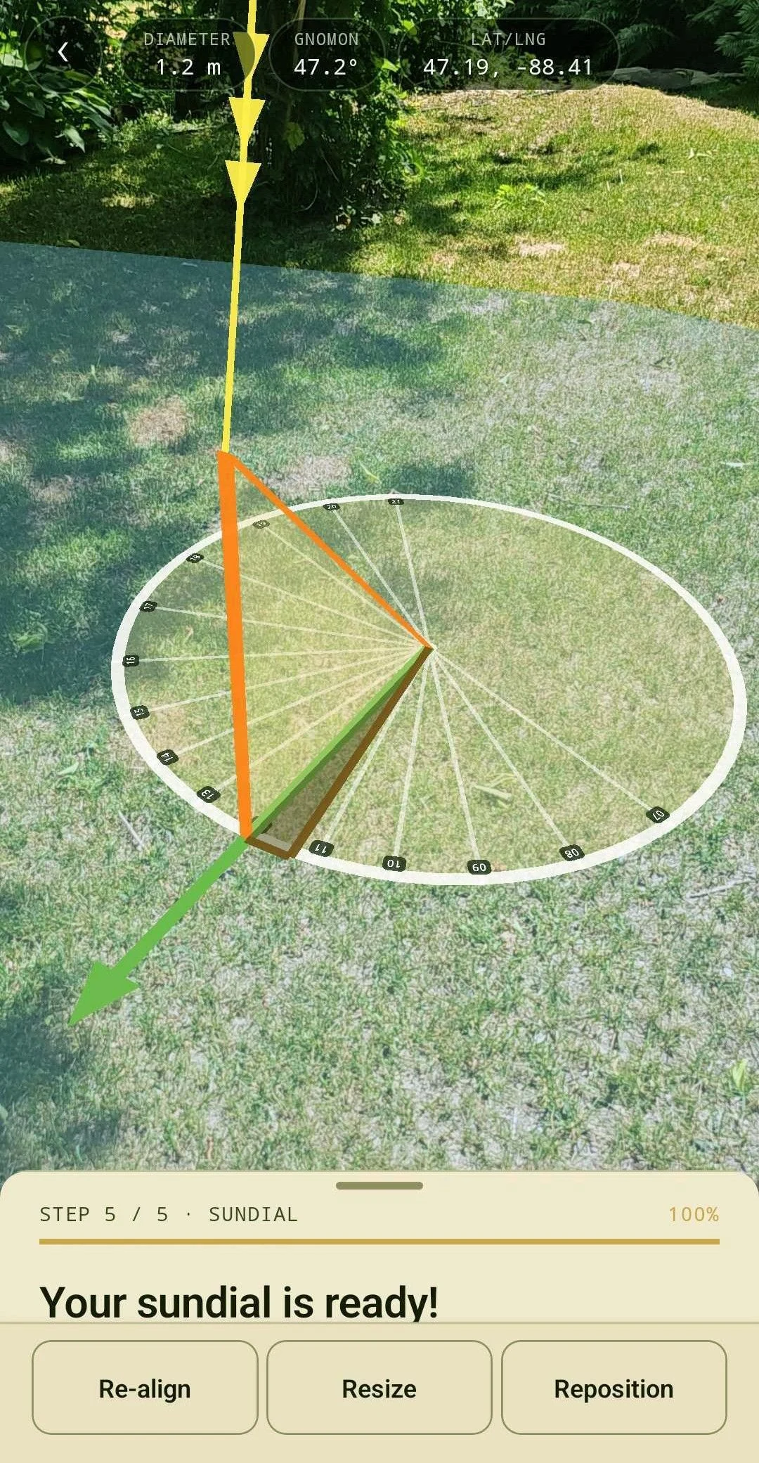 A finished sundial in AR with its true-north line marked