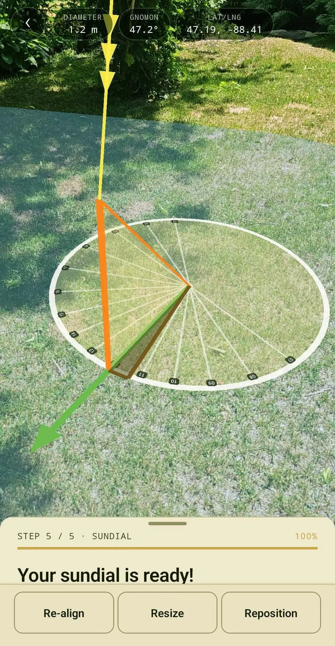 A finished sundial in AR with its true-north line marked.