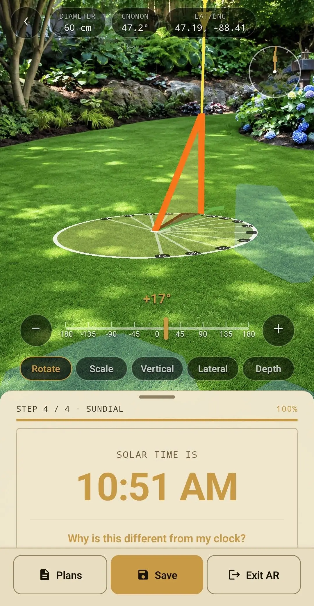 A finished sundial in AR, angled view showing hour lines and gnomon.