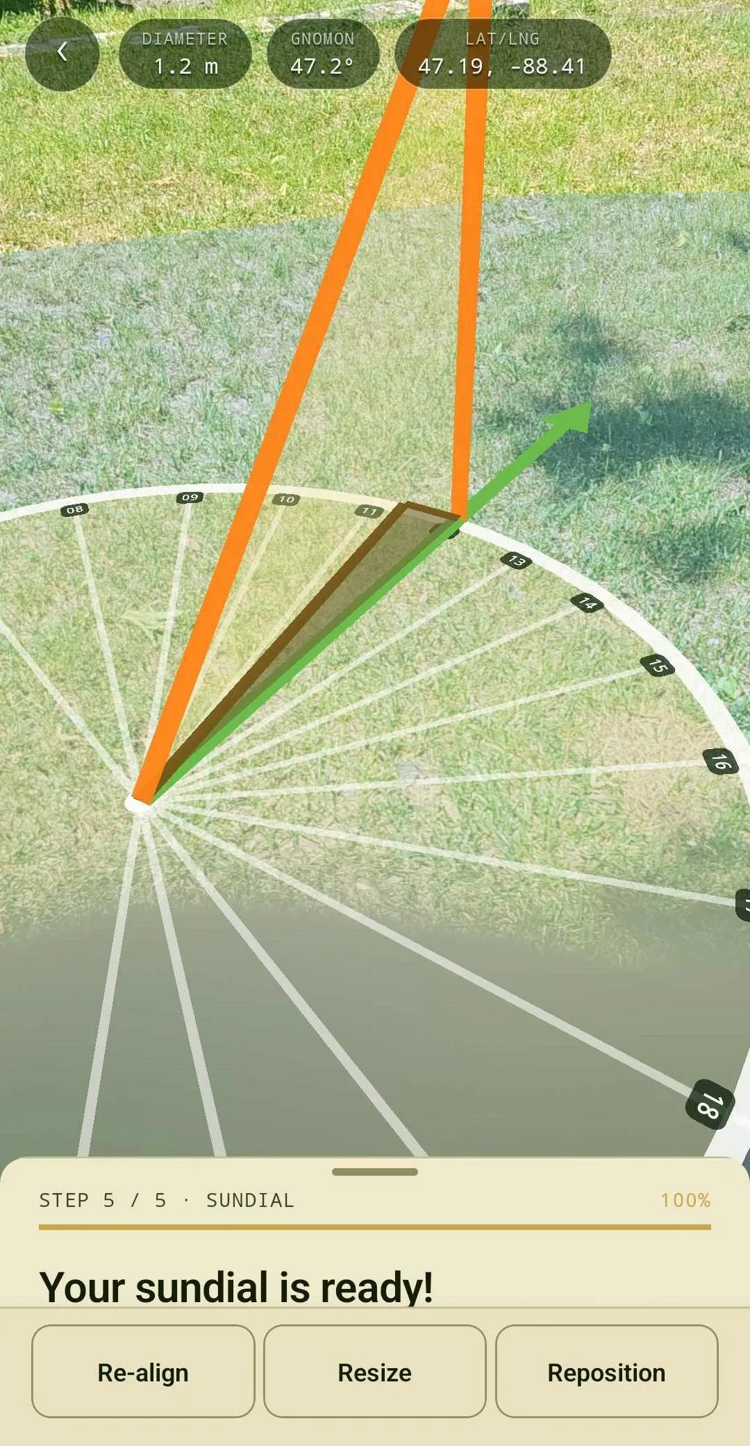 A finished sundial in AR, angled view showing hour lines and gnomon.