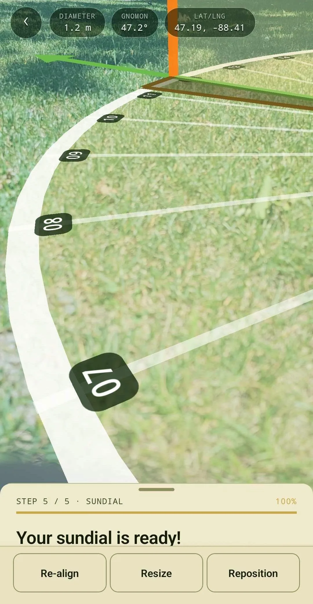 A finished sundial in AR from another angle, hour lines across the dial.