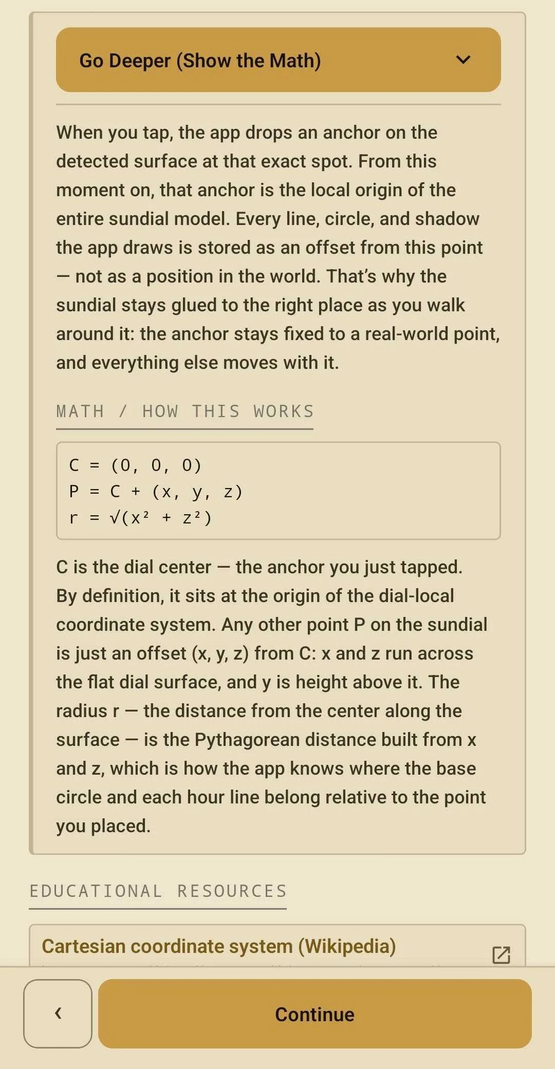 The in-app “show the math” sheet for placing the dial, with its coordinate formula
