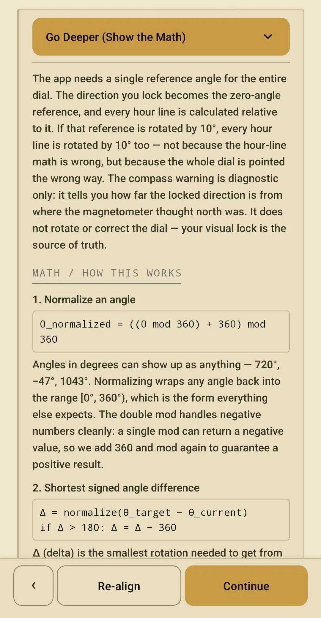 The in-app “show the math” sheet for true-north calibration
