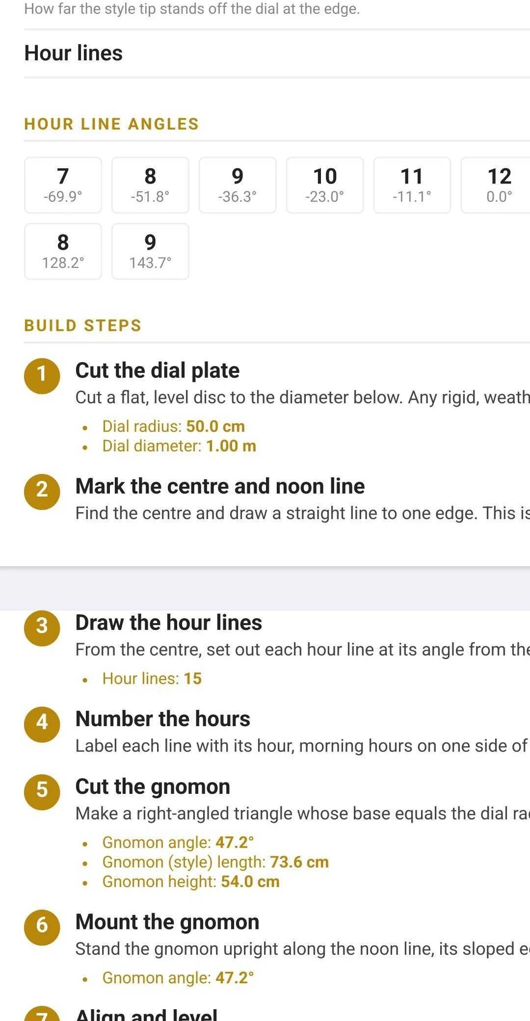 Build plans - the hour-line angle table and numbered build steps