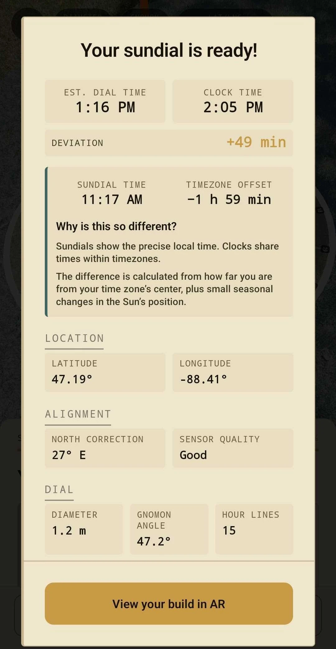 Readout - dial time vs clock time, deviation, location and dial geometry