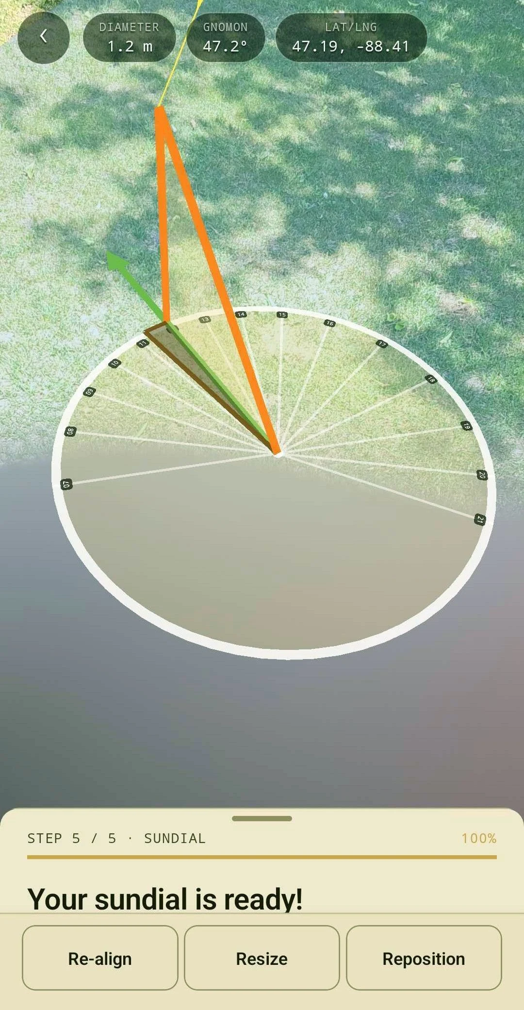 The completed dial viewed top-down in augmented reality